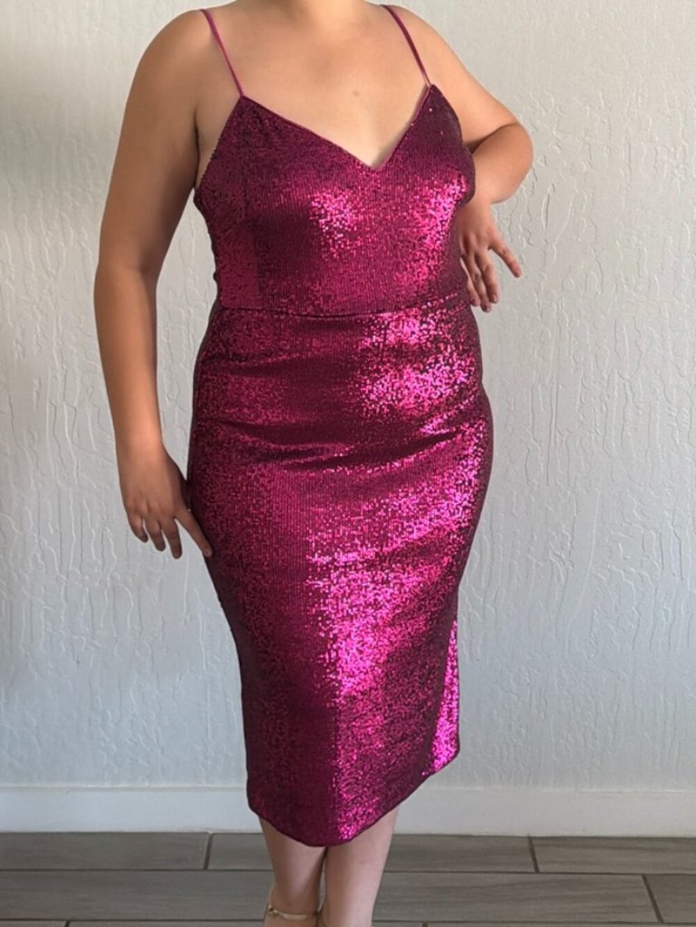 Donna Karen Hot Pink Sequin fitted spaghetti strap v-neck dress